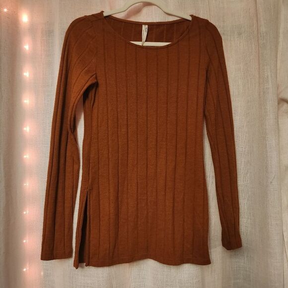 Anthropologie | Ribbed Knit Side Slit Long Sleeve Tunic Burnt Orange OB1620445 - Picture 1 of 5